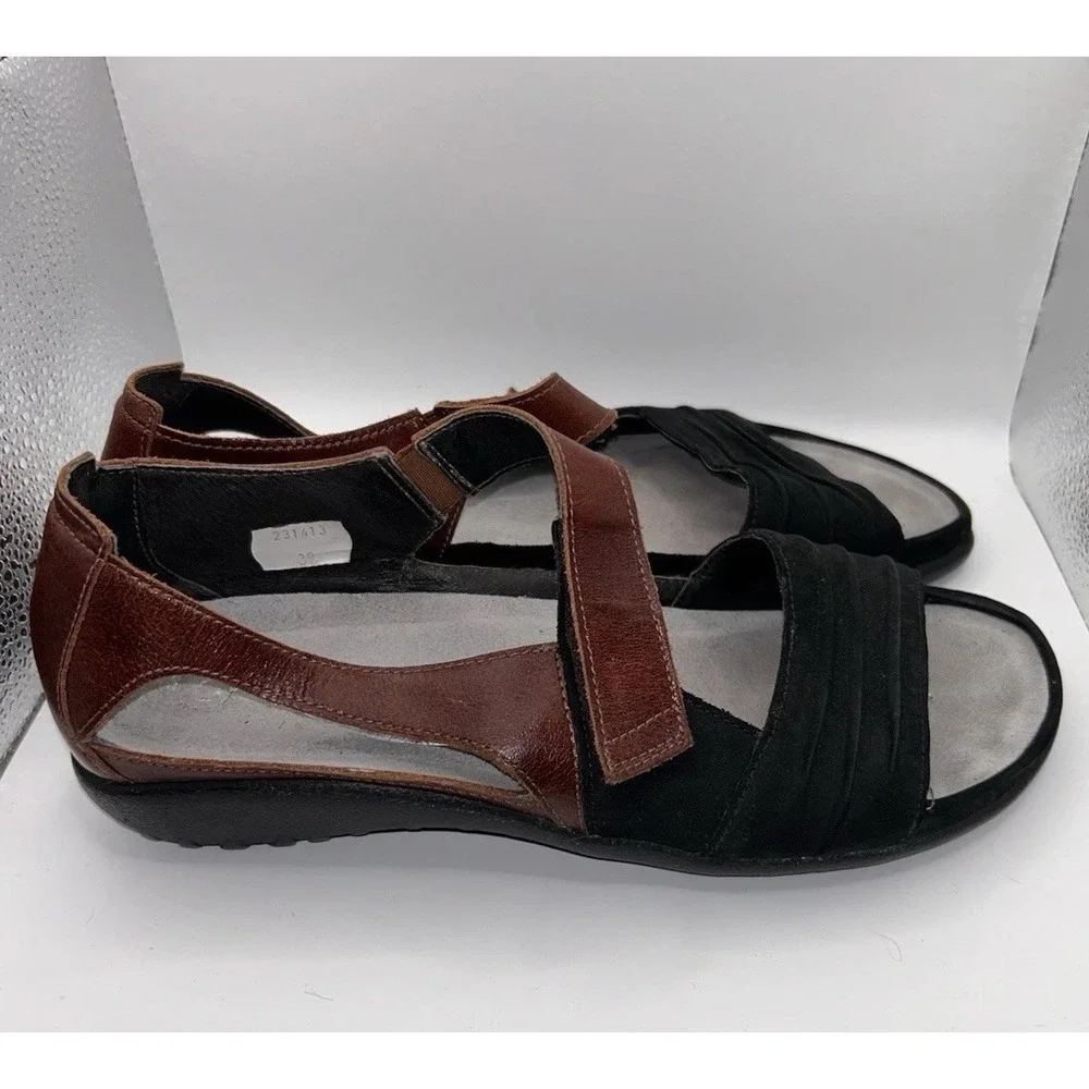 Naot Papaki Black Nubuck Brown Leather Comfort Walking Sandals Shoes Womens 39 8
